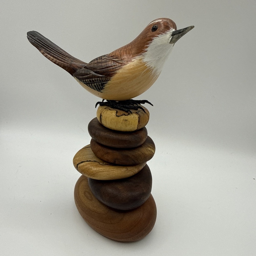 Carolina Wren Bird Hand Carved Painted on Wood Pebbles Rocks 5"Glass Eyes Signed